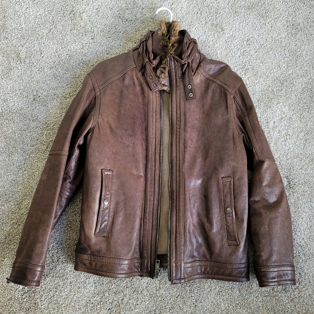 Mens Leather Jacket with removable fur collar